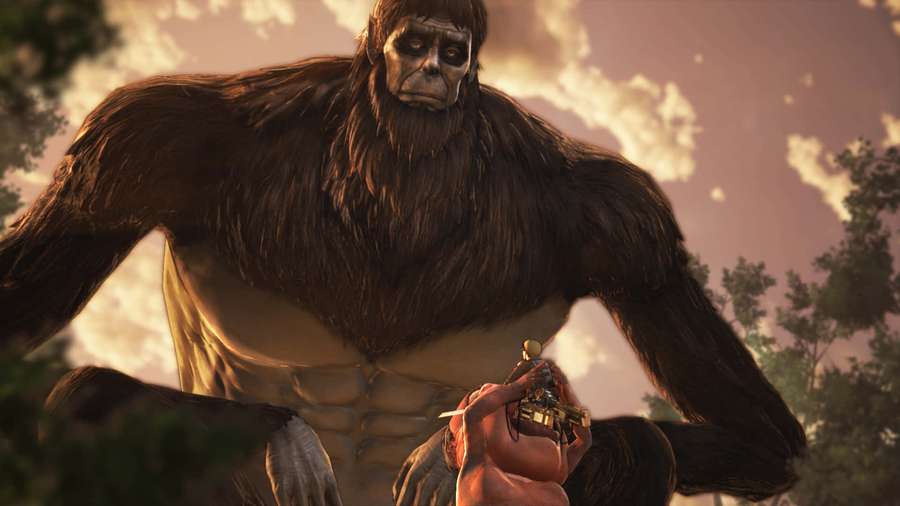En gigantisk apetitan tårner seg opp over et menneske med et våpen i en skog i skumringen. — Beast Titan Bakgrunner