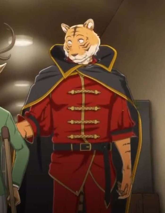 Anime-Figur mit Tigerkopf in roter Uniform mit Goldbesatz und schwarzem Umhang drinnen. — Beastars Bill Wallpaper