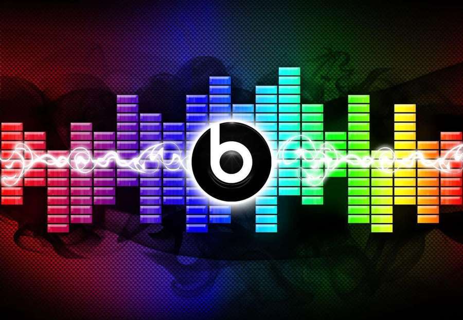 Beats-logo omgivet af farverige lydudligningsbjælker med glødende energibølger. — Beats Baggrunde