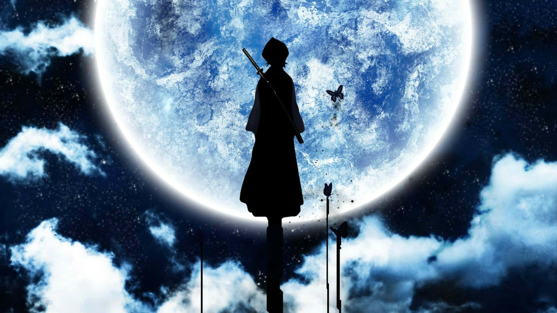 Anime warrior silhouette holding sword under glowing moon with butterflies — Beautiful Anime Wallpaper
