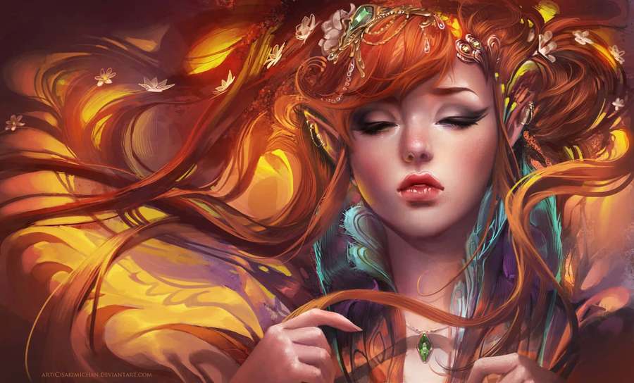A fantasy elf with flowing red hair and floral crown gazes peacefully. — Beautiful Artistic Wallpaper