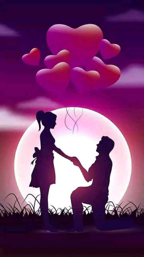 Man kneeling to propose to woman under glowing moon with floating hearts. — Beautiful Cute Love Wallpaper