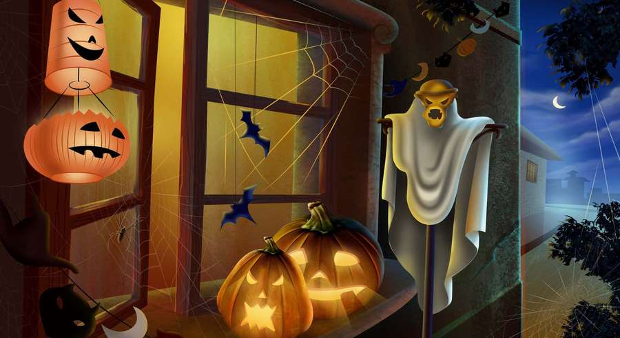 Halloween night with glowing pumpkins, ghost, and bats near a window. — Beautiful Halloween Wallpaper