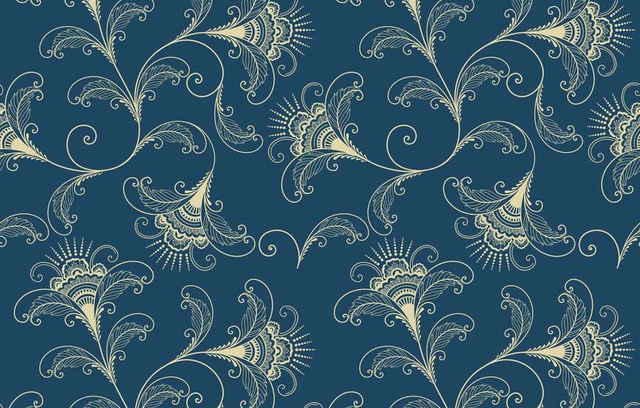 Dekorativ blå tapet med kremfargede virvlende blomsterranker. — Beautiful Pattern Bakgrunner