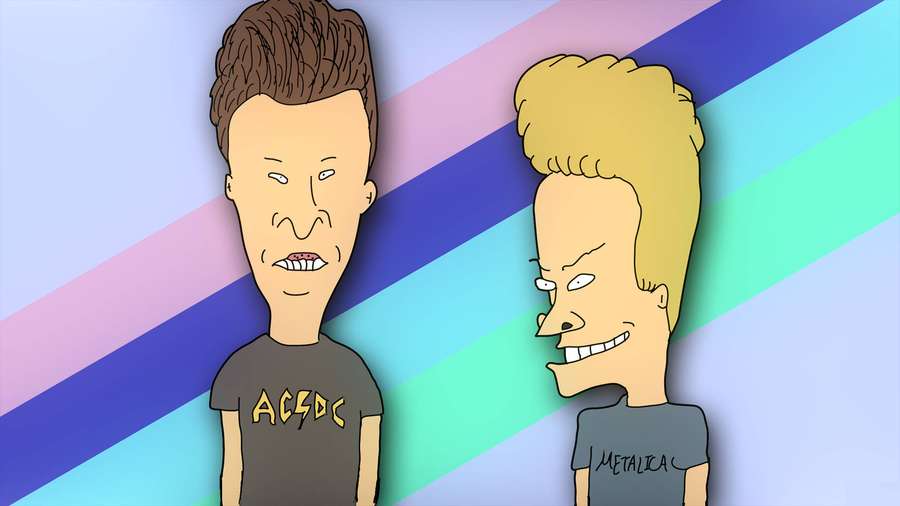 Two cartoon boys in band t-shirts against a colorful striped background. — Beavis And Butt Head Wallpaper