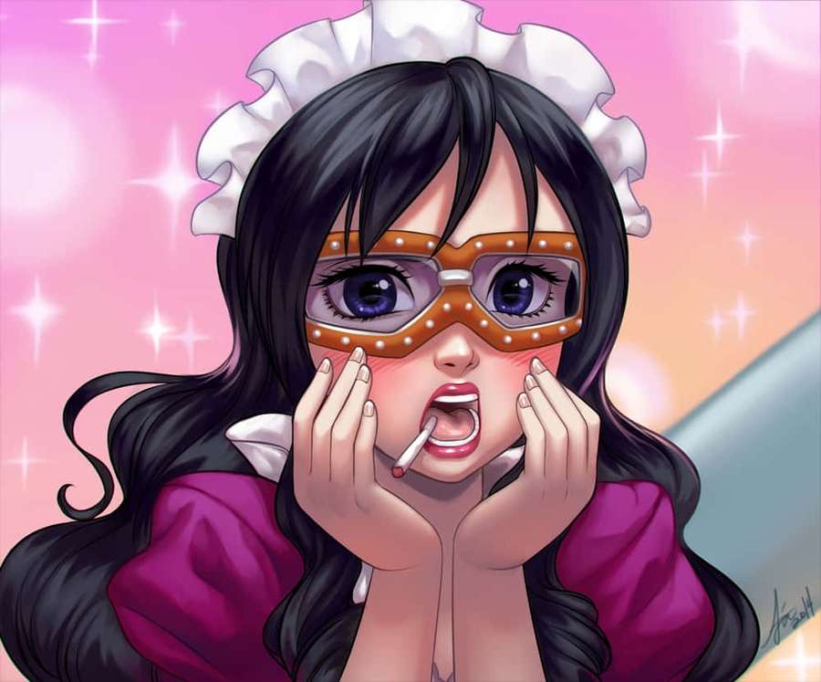 Chica anime con atuendo de sirvienta sosteniendo un cigarrillo con expresión sorprendida. — Bebé 5 Fondos de pantalla