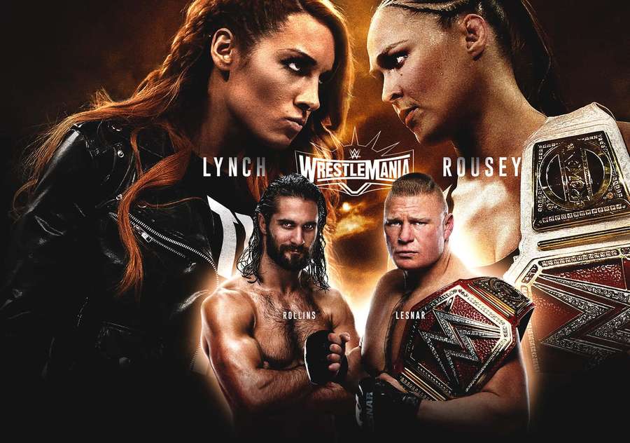 WWE wrestlers Lynch Rousey Rollins Lesnar face off with championship belts. — Becky lynch Background