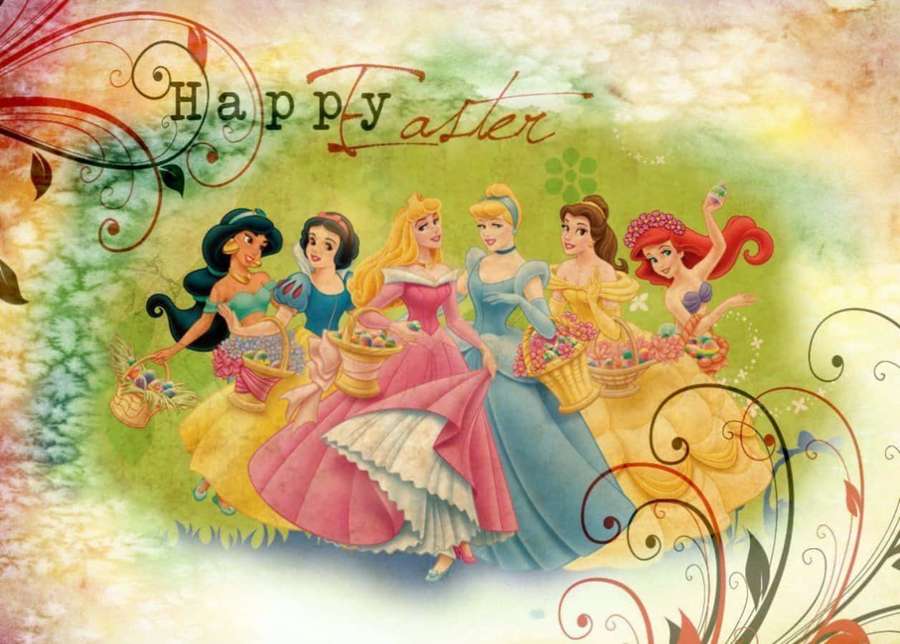Disney-Prinzessinnen mit Osterkörben in einer festlichen Frühlingsillustration. — Belle Bilder