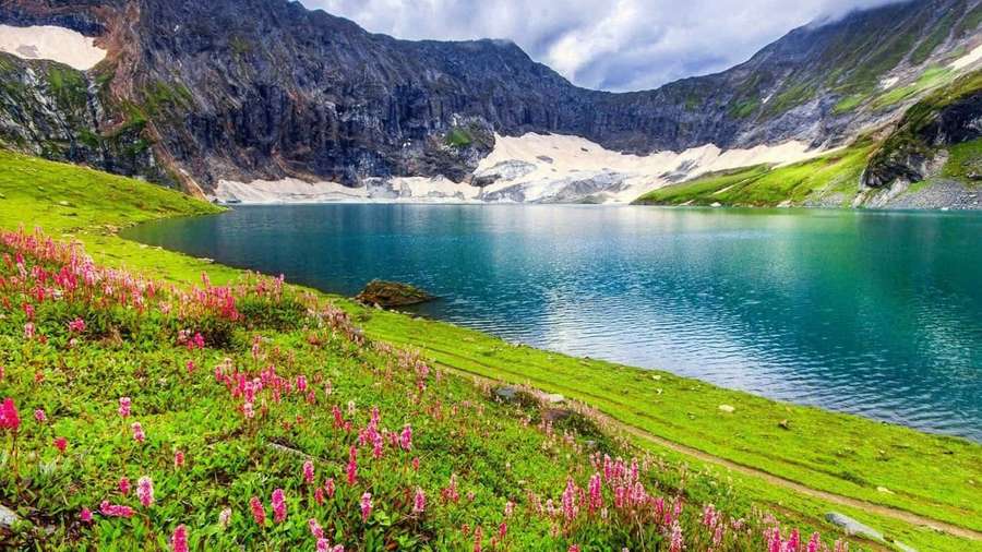 Lago alpino cercado por montanhas e flores silvestres cor-de-rosa — Belo lago Papéis de Parede