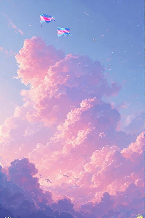 Dua layang-layang terbang di atas awan merah muda dan ungu dengan burung-burung yang melayang di langit. — Bendera Trans Wallpaper