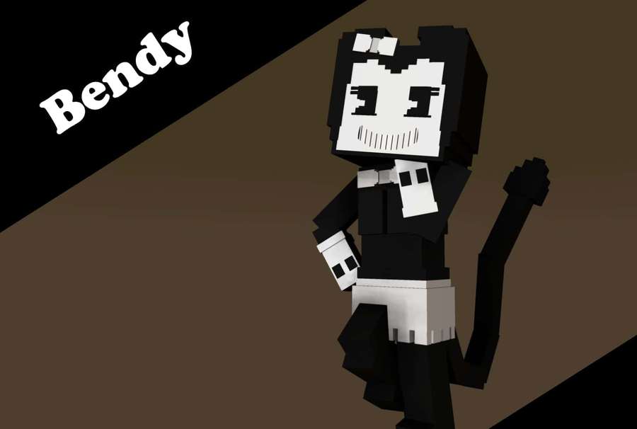 Pixel art character Bendy in black and white with a dark background. — Bendy Wallpaper