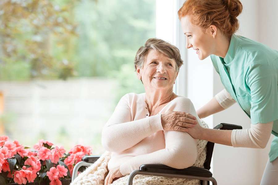 A caregiver comforts an elderly woman in a wheelchair by a window with pink flowers. — Benevolent Wallpaper