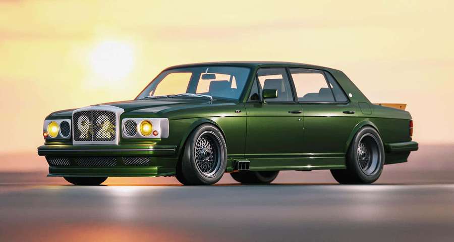 Green Bentley Turbo R modified car at sunset on open road — Bentley Turbo R Wallpaper