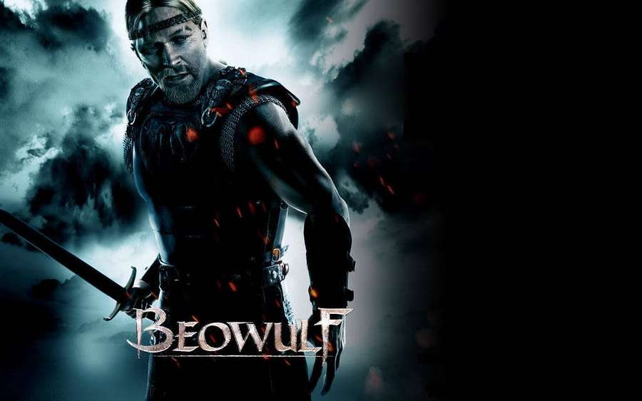 Beowulf warrior holding sword under stormy sky with floating embers — Beowulf Wallpaper