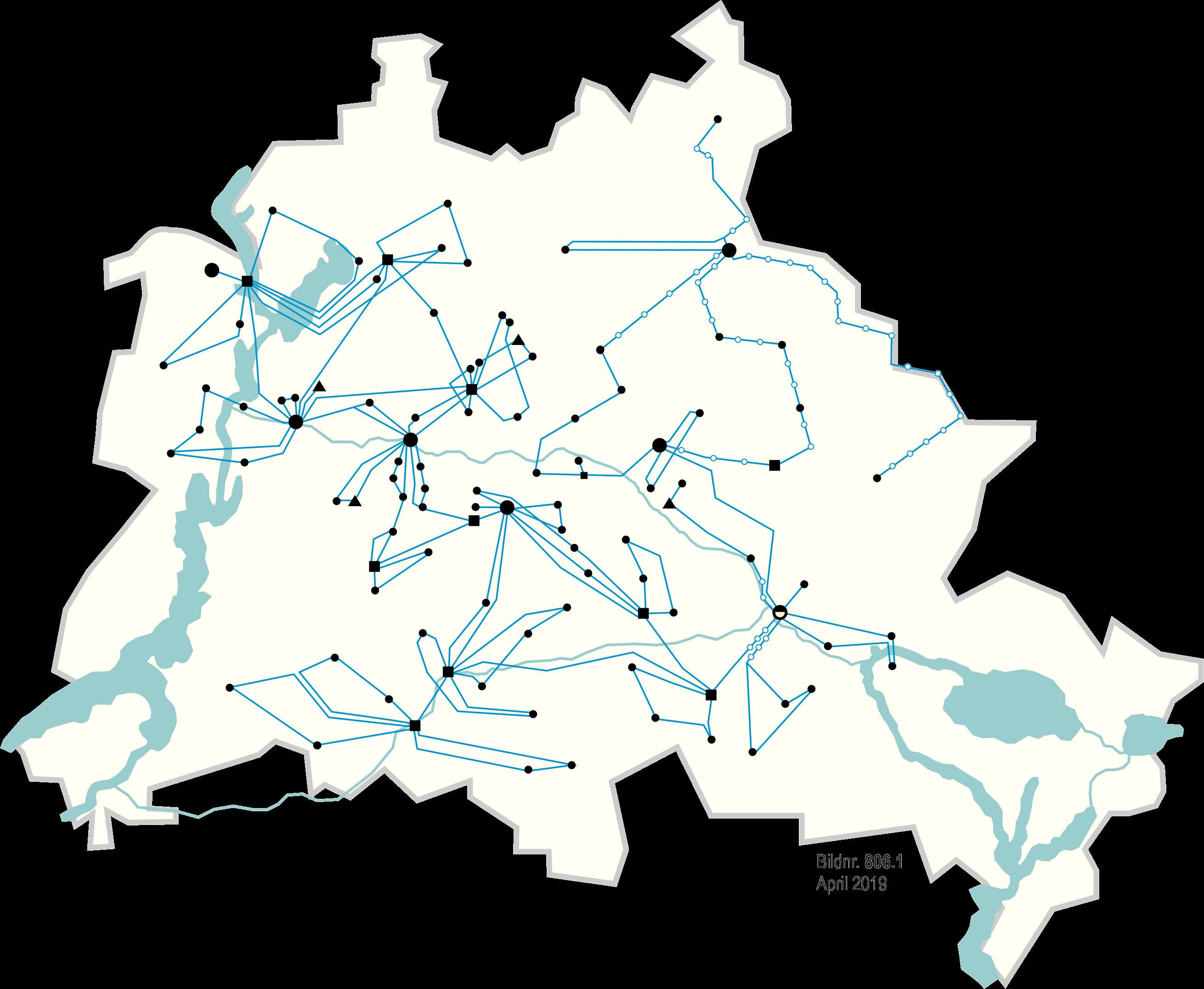 Abstract network map with blue lines and nodes on a white region against black background. — Berlin PNG