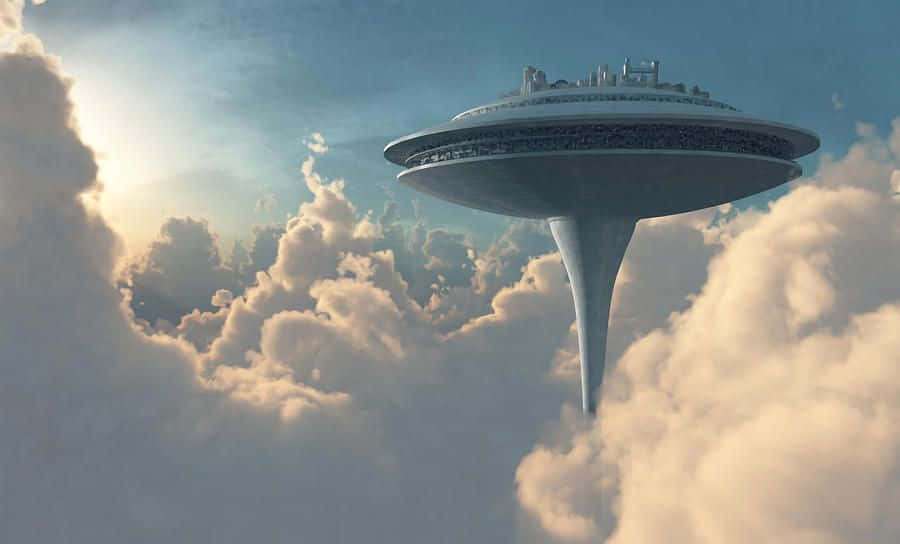 Futuristic spaceship with city on top floating above clouds at dawn. — Bespin Wallpaper