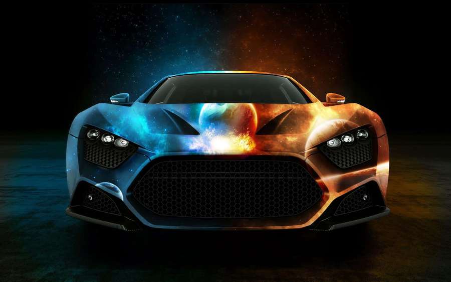 Futuristic sports car with cosmic galaxy and planet graphics under starry night sky. — Best Car Background