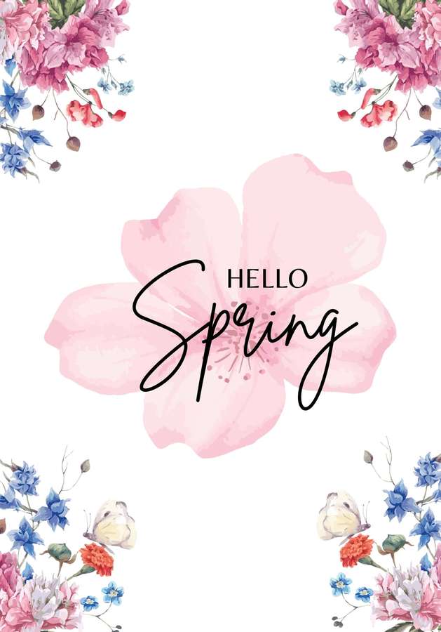 Hello Spring text in black script over a pink watercolor flower with floral corners and butterflies. — Best Spring Background