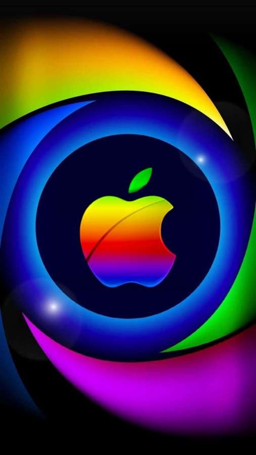 Ein Regenbogenverlauf wirbelt um ein farbenfrohes Apple-Logo vor einem dunklen Hintergrund. — Bester Apple Wallpaper