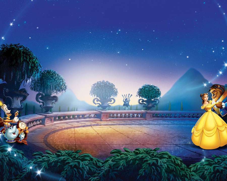 Bella y la Bestia bailando bajo un cielo estrellado en un jardín encantado. — Bestia Fondos de pantalla