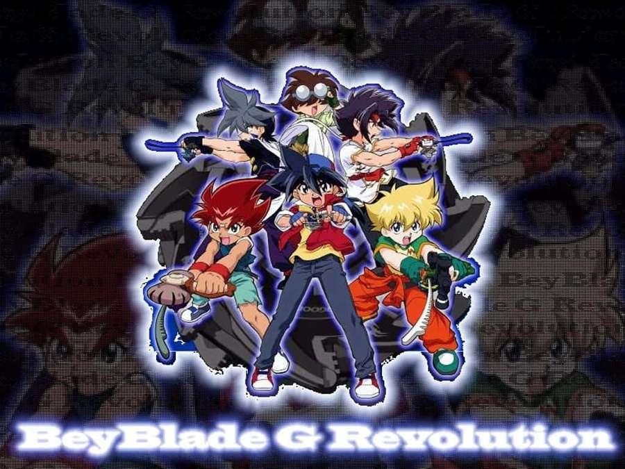Beyblade G Revolution anime characters in action poses with glowing blue outlines. — Beyblade Background