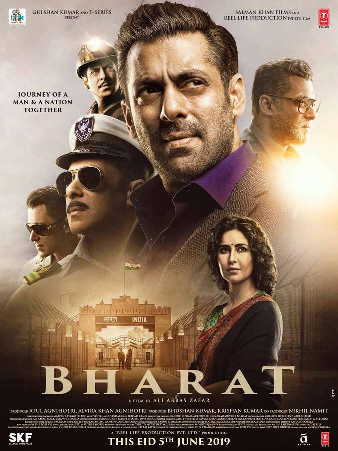 Movie poster for 'Bharat' showing actors in front of India Gate with patriotic theme. — Bharat Wallpaper