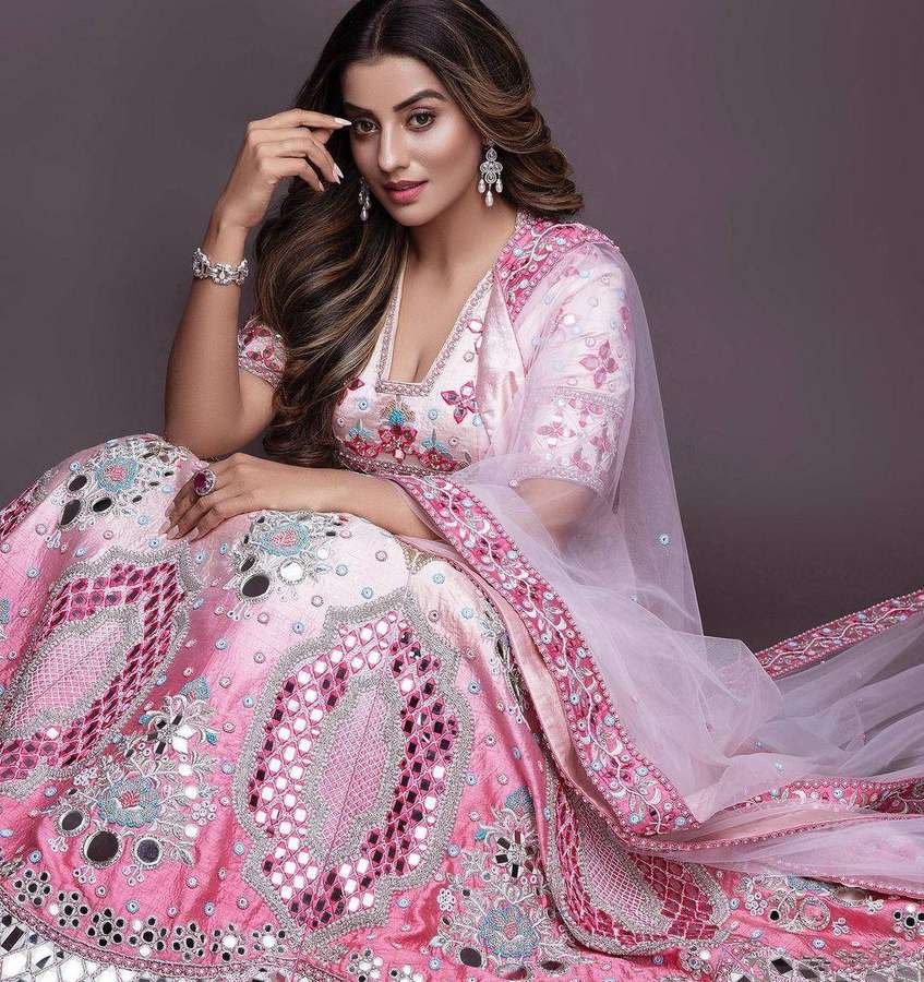 Woman in ornate pink lehenga with mirror embroidery and jewelry posing in studio. — Bhojpuri Wallpaper
