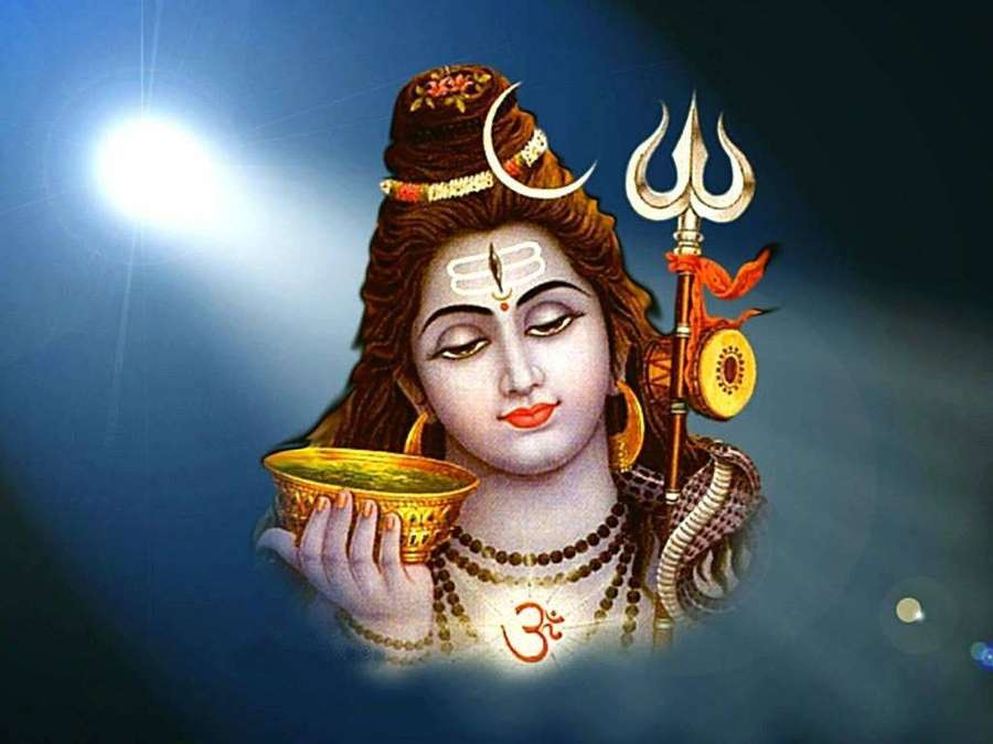 Divine Hindu deity holding a golden bowl with a trident beside them in a radiant blue setting. — Bhole Baba Picture