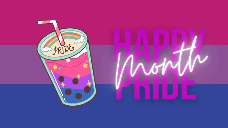 Happy Pride Month graphic with a rainbow bubble tea cup and bisexual flag colors. — Bi Flag Background