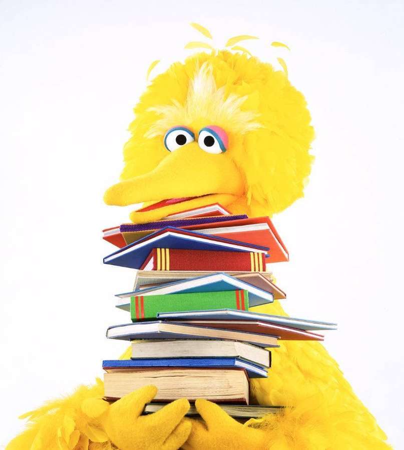 Big Bird holding a stack of colorful books. — Big Bird Background