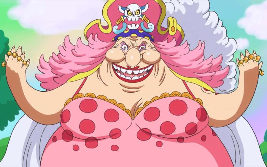 Anime pirate woman with pink hair and polka dot dress smiling broadly. — Big Mom Wallpaper