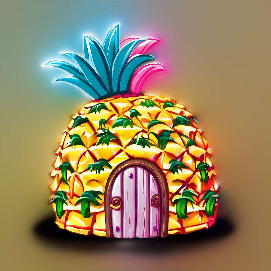 A cartoon pineapple with a purple door glowing with neon lights. — Bikini Bottom Background