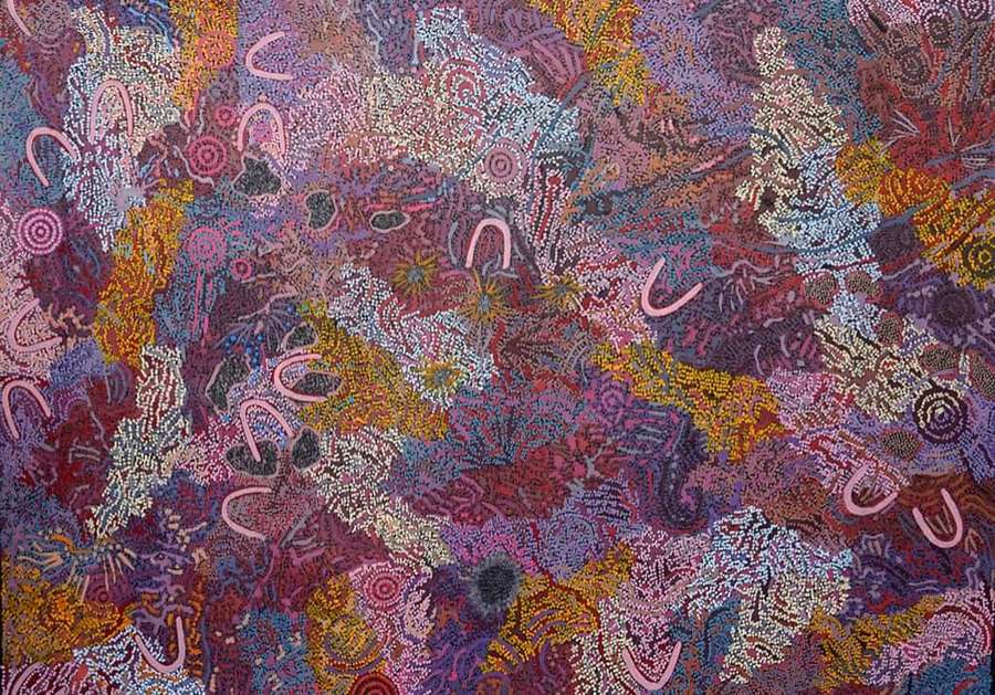 Abstraktes Punktgemälde mit wirbelnden organischen Formen in Lila, Pink und Gold. — Bilder Der Aborigines Bilder