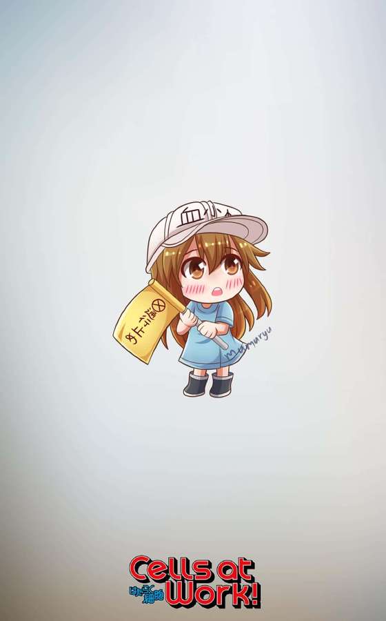 Chibi-Anime-Mädchen in Mütze hält gelbe Flagge mit rotem Text — Bilder Von Cells At Work Wallpaper