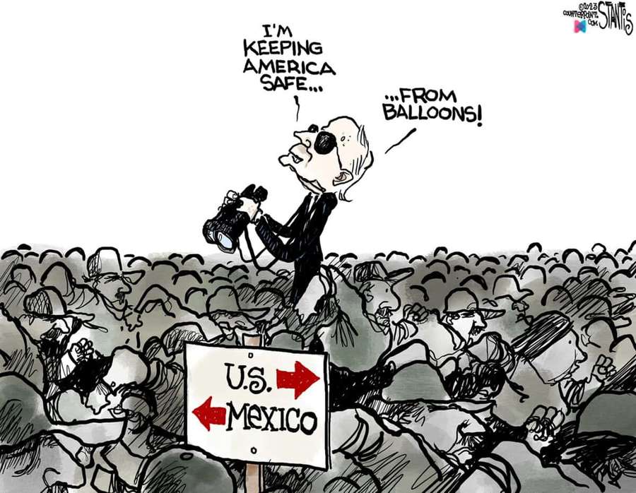 Cartoon eines Mannes mit Fernglas, der erklärt, dass er Amerika vor Ballons sicher hält, in der Nähe des USA-Mexiko-Grenzschildes. — Bilder Von Der Einwanderung Bilder