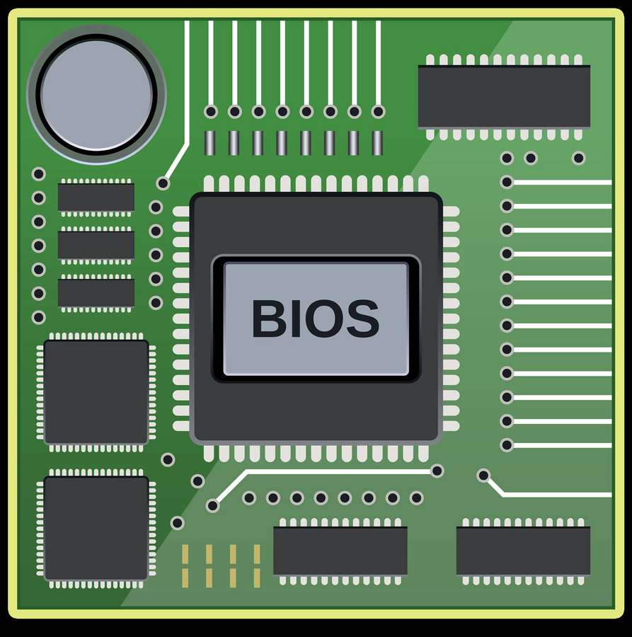 Close-up of a green circuit board with a BIOS chip and surrounding components. — Bios Wallpaper