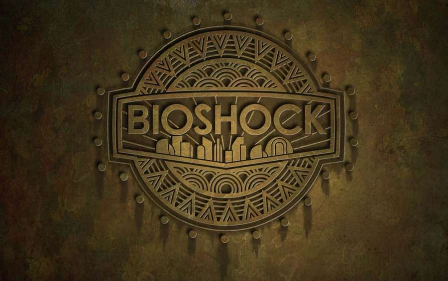 Bioshock logo carved into rusty metal with geometric designs and rivets. — Bioshock 1 Wallpaper