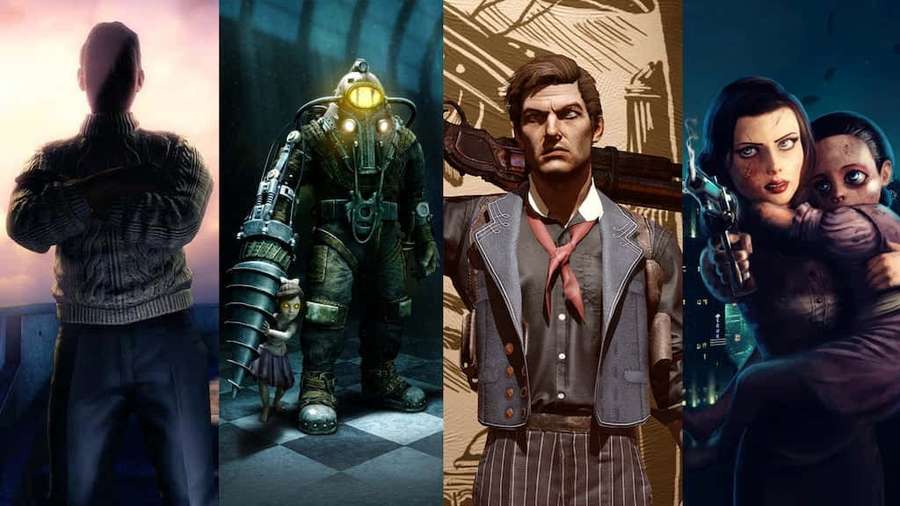 Four video game characters in dramatic poses including a man facing sunset and a woman holding a child with gun. — Bioshock Characters Wallpaper
