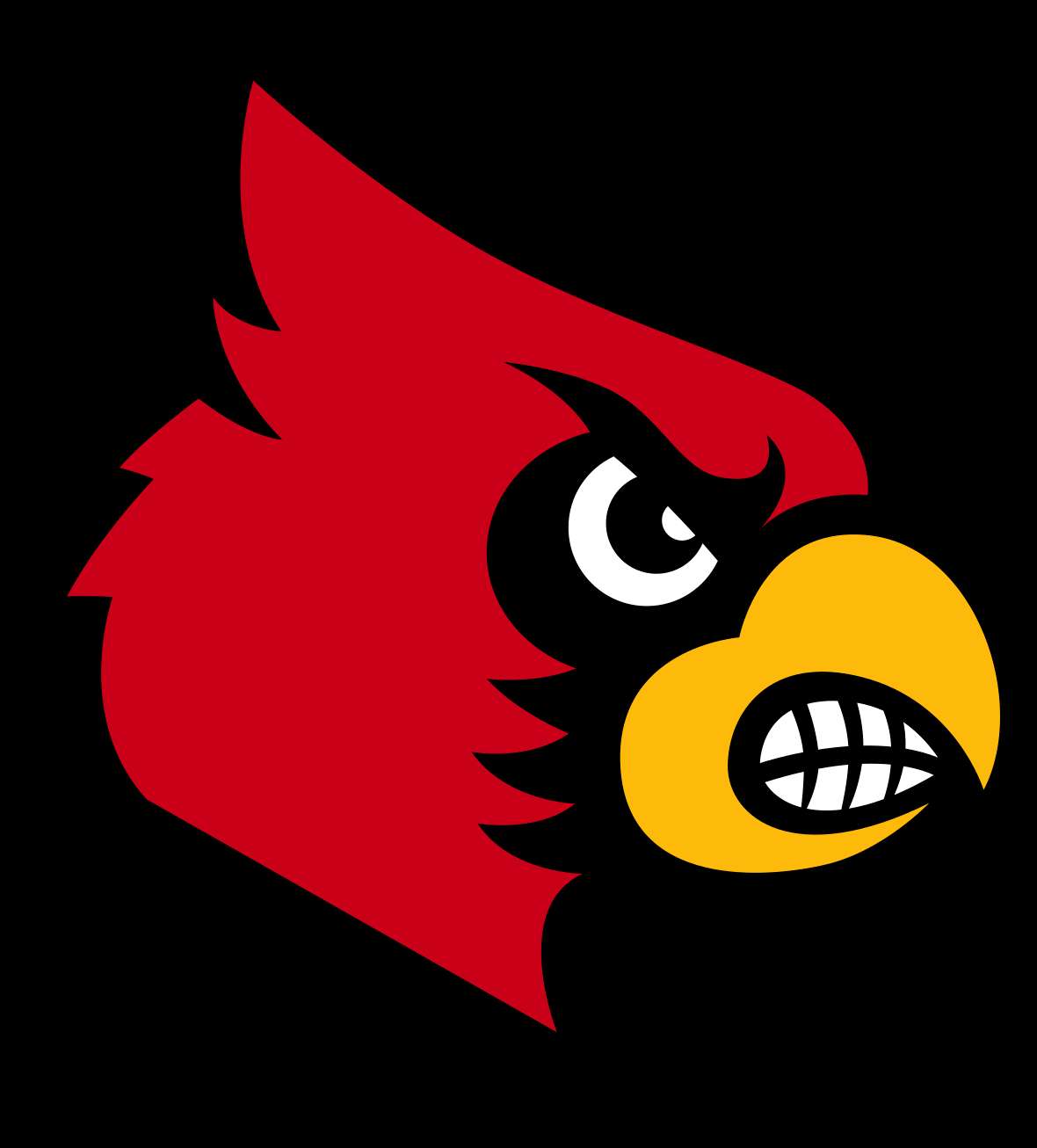 Red cardinal mascot logo with yellow beak and fierce eyes on black background — Bird PNG