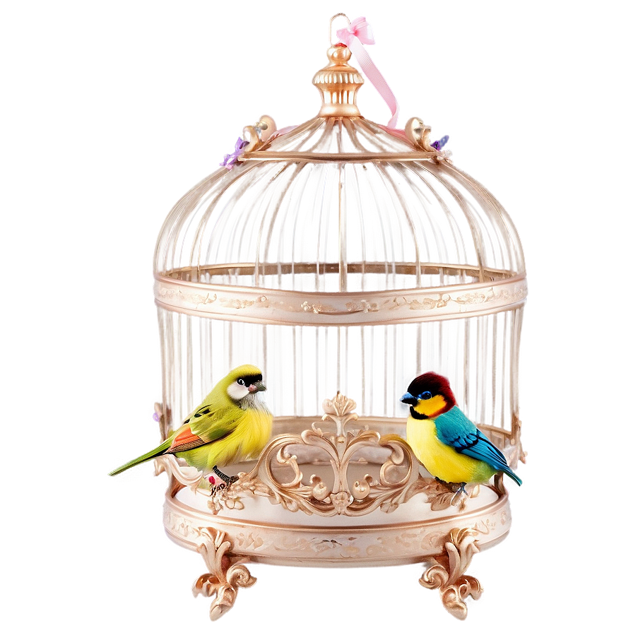 Dos pájaros vibrantes posados en una jaula dorada ornamentada con una cinta rosa — Santuario de Aves Fondos de pantalla