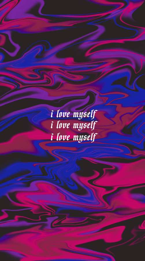 Abstract fluid design in pink and blue with text i love myself repeated. — Bisexual Aesthetic Wallpaper