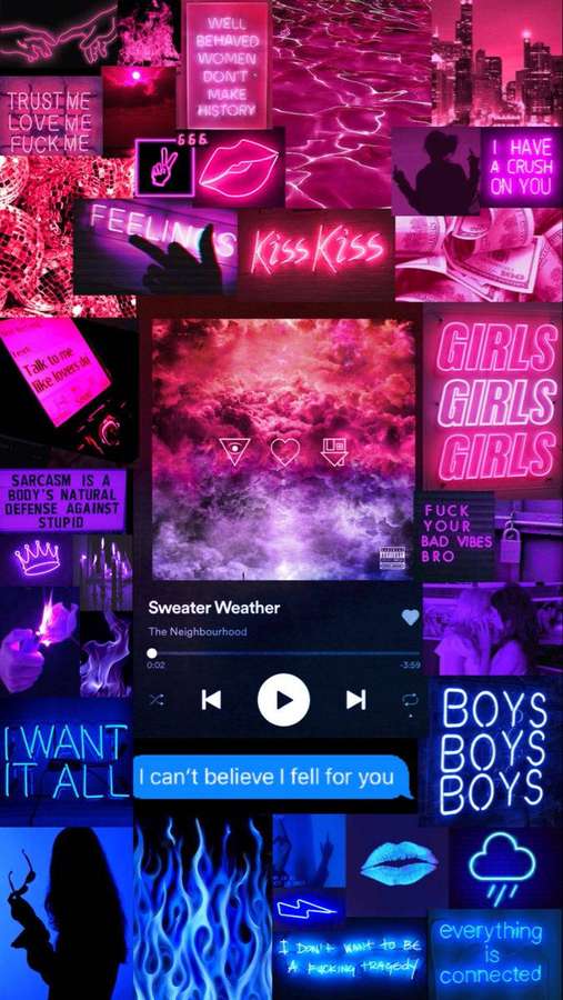Colagem digital neon rosa e roxa com citações, player de música e nuvens cósmicas. — Bissexual Papéis de Parede