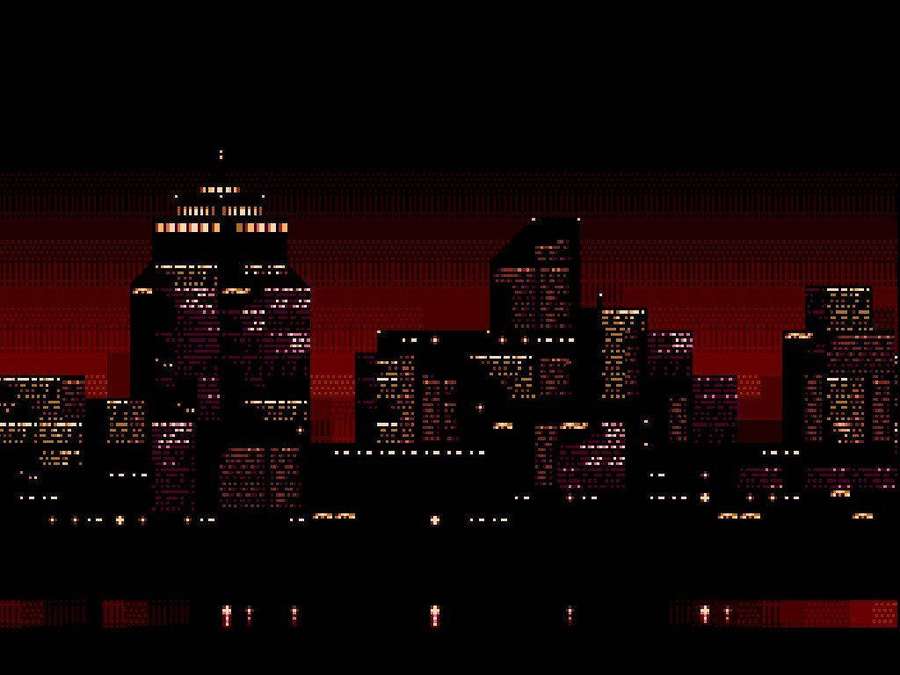 Pixel art city skyline at night with glowing windows and red sky reflection. — Bit Background