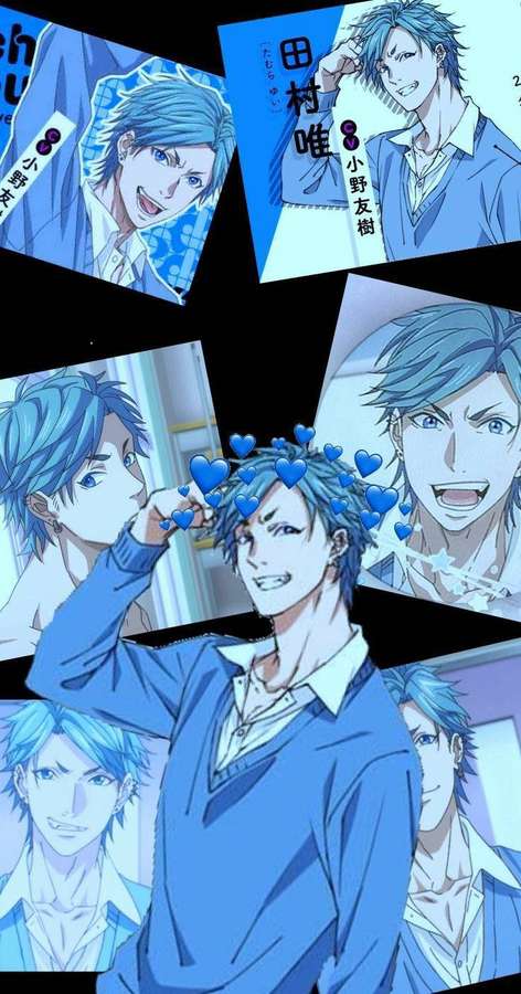 Anime character with blue hair surrounded by floating hearts in a collage. — Bitch Wallpaper