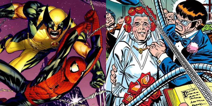 Comic book split scene: superhero battle and wedding ceremony — Bizarre Aliens Wallpaper