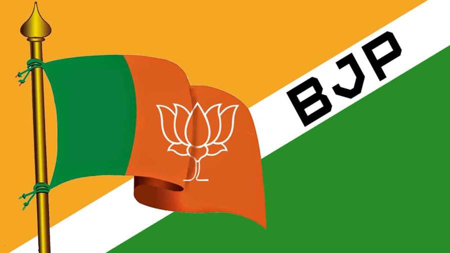 BJP party flag with white lotus emblem on tricolor background — Bjp Background