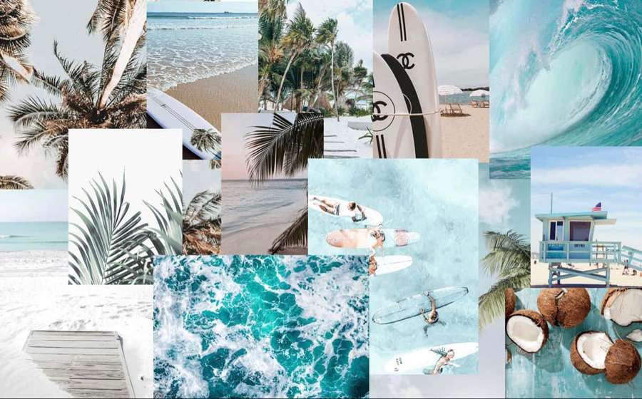 Tropisk strandcollage med palmetrær, surfbrett, brusende bølger og kokosnøtter. — Blå Strand Estetikk Bakgrunner