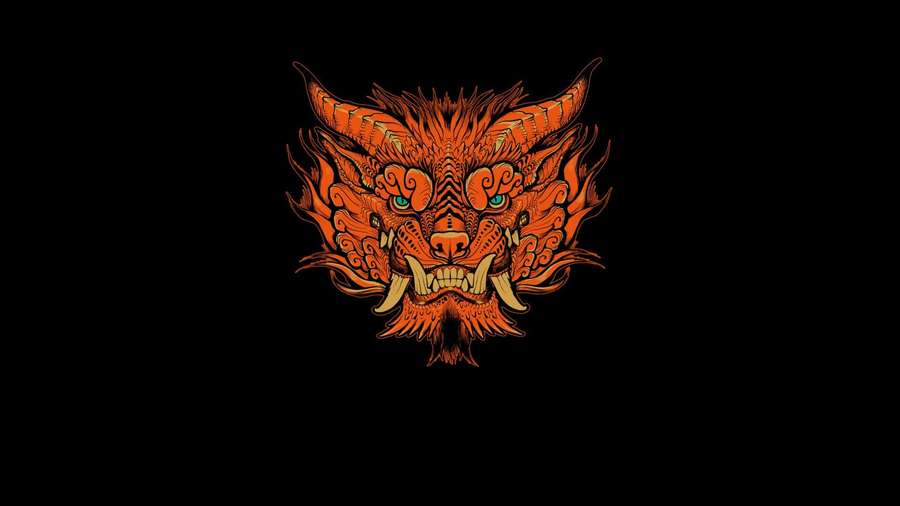 Fiery orange demonic face with glowing green eyes and sharp horns on black background. — Black And Orange Background