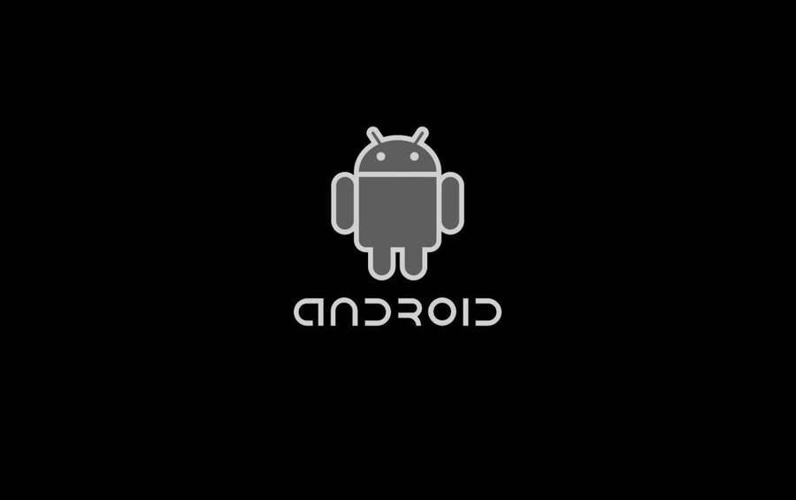 Gray Android robot logo on black background with text android below — Black Android Wallpaper