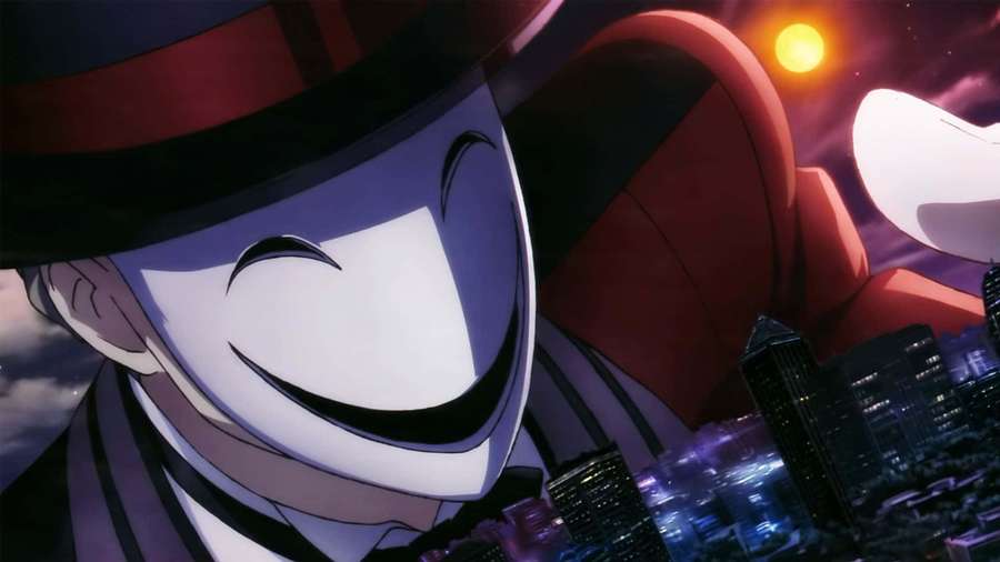 Anime character with a wide grin wearing a top hat overlooking a glowing city at sunset. — Black Bullet Background